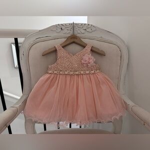 🦢 9 Mth Elegant Coral~Pink Baby Dress with Sequins & Sweetheart Neckline NWOT